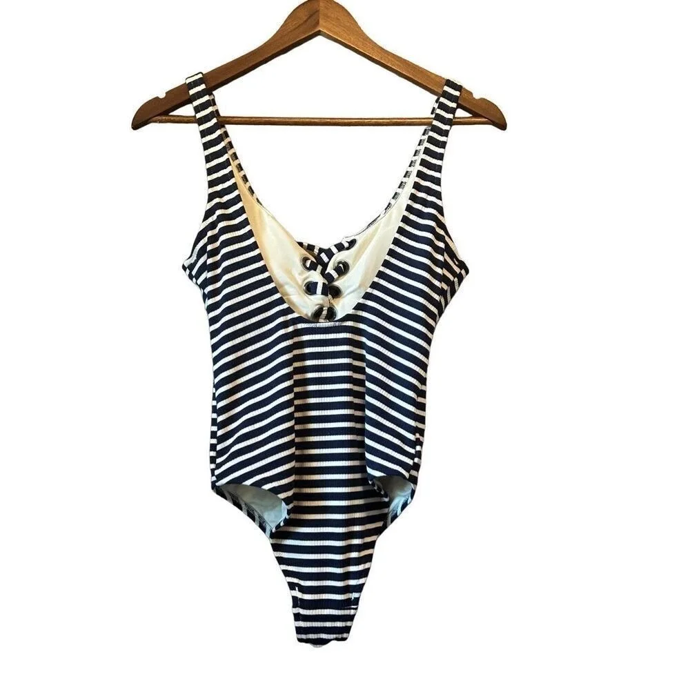 Aerie One Piece Swimsuit Womens Small Long Navy White Striped Lace Up Ribbed EX - Picture 5 of 5